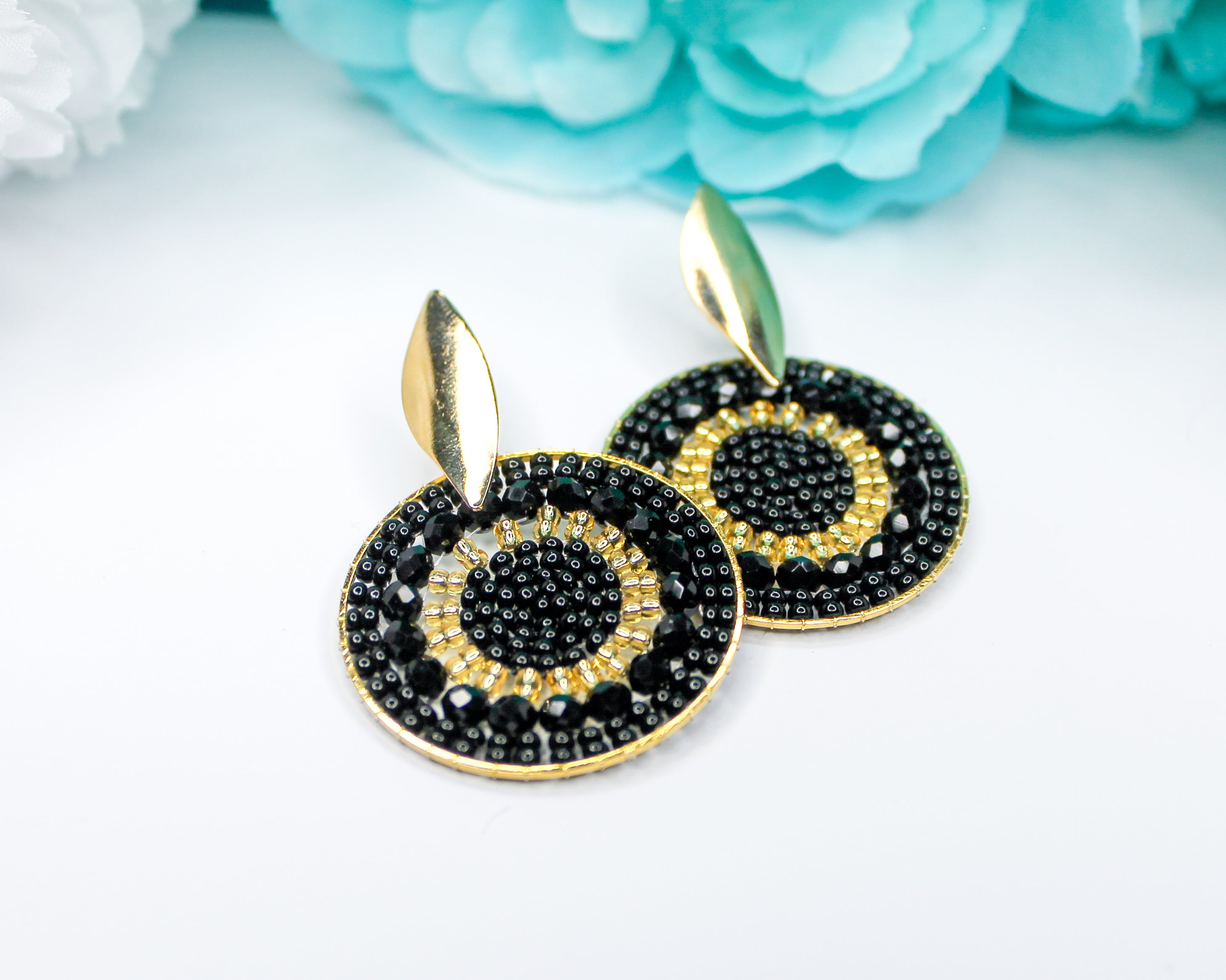 Gold and black beaded earrings 