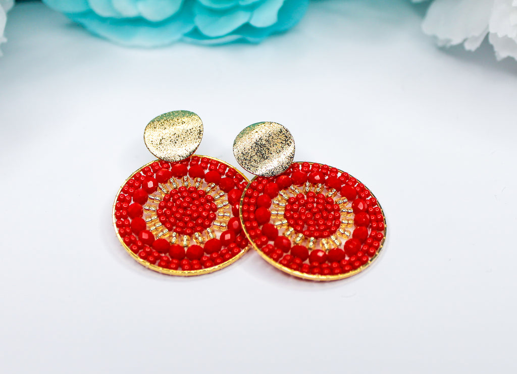Red beaded earrings with gold 